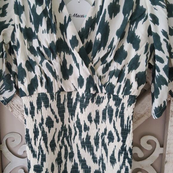 Macaron Women's Surplice Woven Smocked Waist Ruffle Mini Dress in Green Leopard - Picture 8 of 16